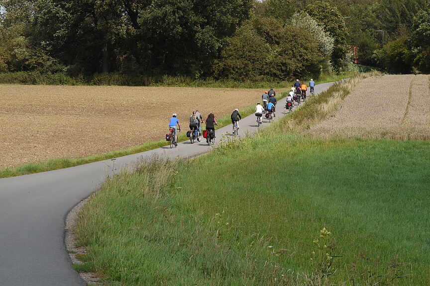 Tour_Kueingdorf_Claudia_Boehm_P1080996 Gruppe von Radfahrenden in Feld- und Waldlandschaft