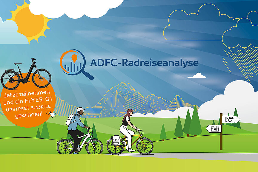 ADFC-Radreise-Analyse 2025 Illustration von zwei Radfahrenden vor einer bergigen Landschaft