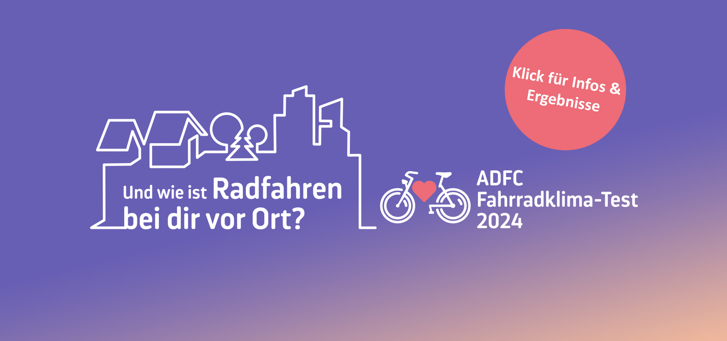 ADFC-Fahrradklima-Test 2024 ADFC Fahrradklima-Test 2024 Ergebnisse. Violetter Hintergrund mit weißer Stadtsilhouette. Text: 'Und wie ist Radfahren bei dir vor Ort?' Roter Button 'Klick für Infos & Ergebnisse'. ADFC-Logo mit Fahrrad und Herz.